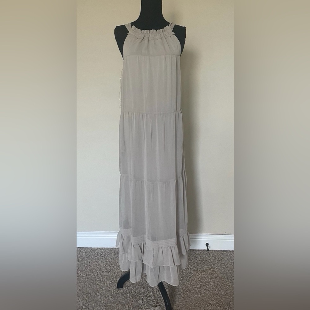 Trinhnology Bohemian Elegant Beige Khaki Ruffle Halter Neck Tie Dress Size S